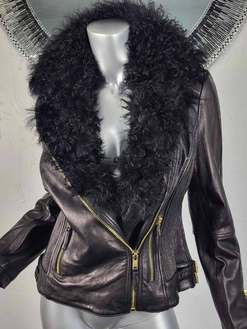 WILSON'S~M~BLACK GENUINE LEATHER REAL MONGOLIAN CURLY LAMB FUR MOTO JACKET COAT - Picture 8 of 16